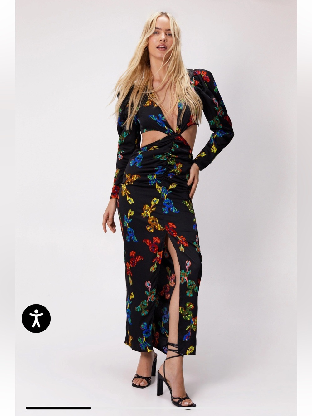 NASTY GAL Floral Cutout Satin Long Sleeve Maxi Dress Size 6 NWT